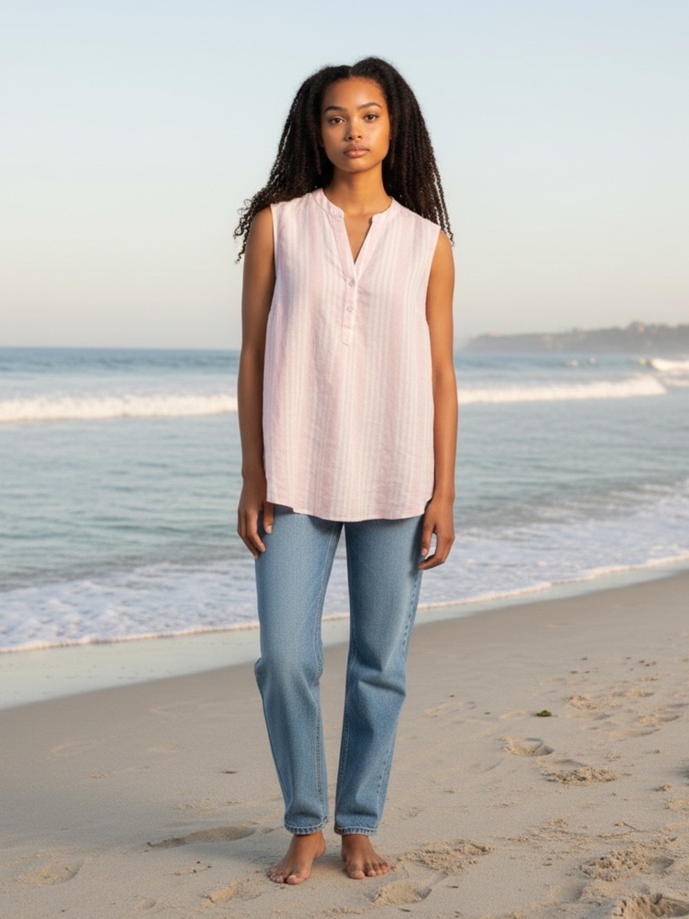 Ellen Tracy 100% linen Light Pink Sleeveless Henley Top - Women’s Large
